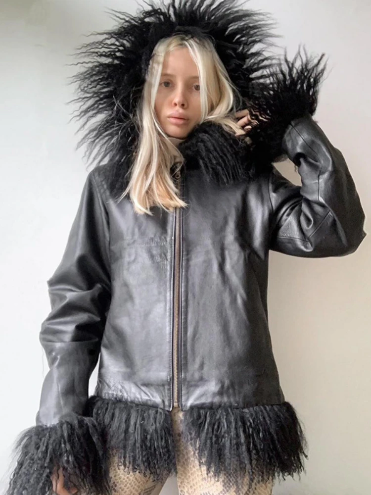 Black Elegant Fashion Faux Leather Jacket High Street Fashion Zip Up Long Sleeve Autumn Jackets Women Fur Trim Coats