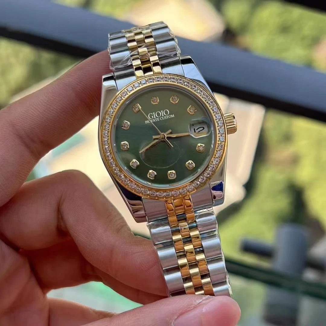 

Luxury Womens Automatic Mechanical Watch Stainless Steel Calendar Silver Gold Black Green Rome Dial Diamonds Bezel 31mm