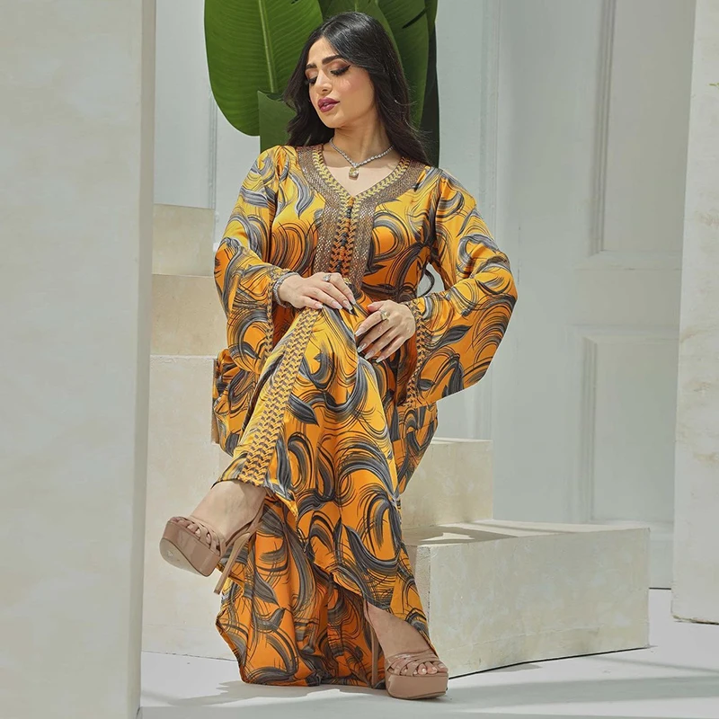 Floral Print Muslim Long Sleeve Abaya For Women 2022 Dubai Turkey Hijab Moroccan Kaftan Dress Luxury Arabian Ramadan Eid  Abayas