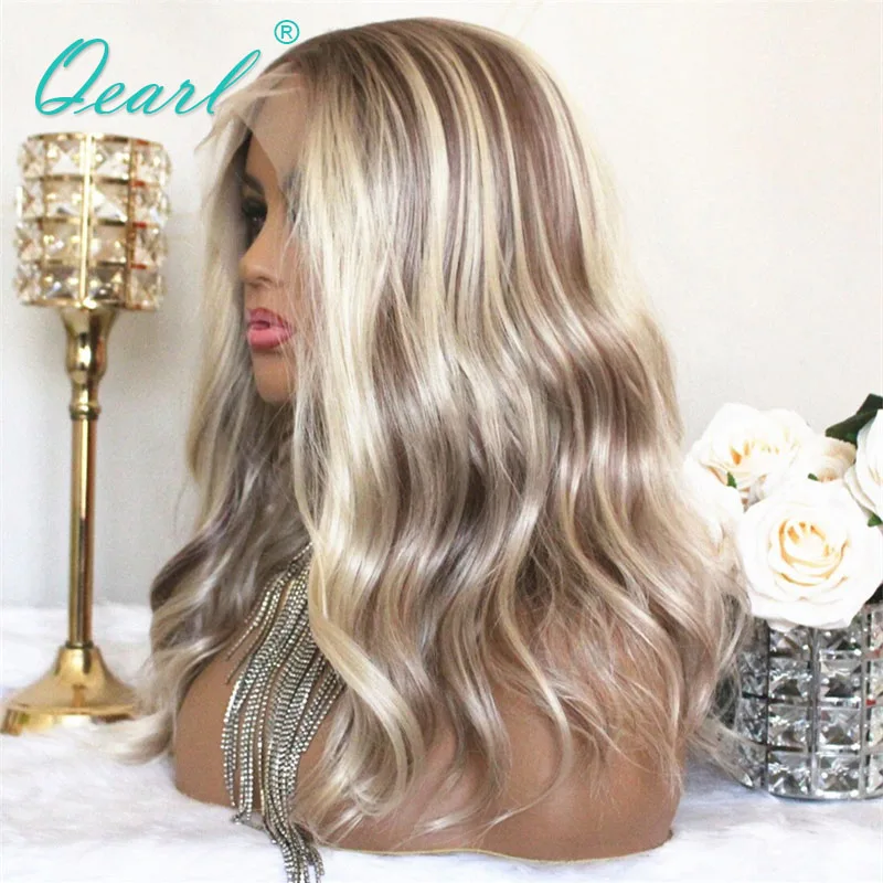 

Natural Wave Full Lace Wig Pre Plucked Real Human Hair Lace Frontal Wigs for Women Brown Ash Light Blonde Highlights Remy Qearl