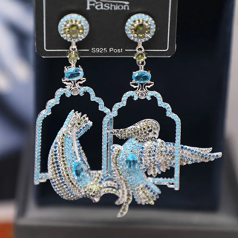 

Micro-zirconium Asymmetric Birdcage Earrings Colorful Bird Dangle Earings Luxury Brand Design Statement Jewelry