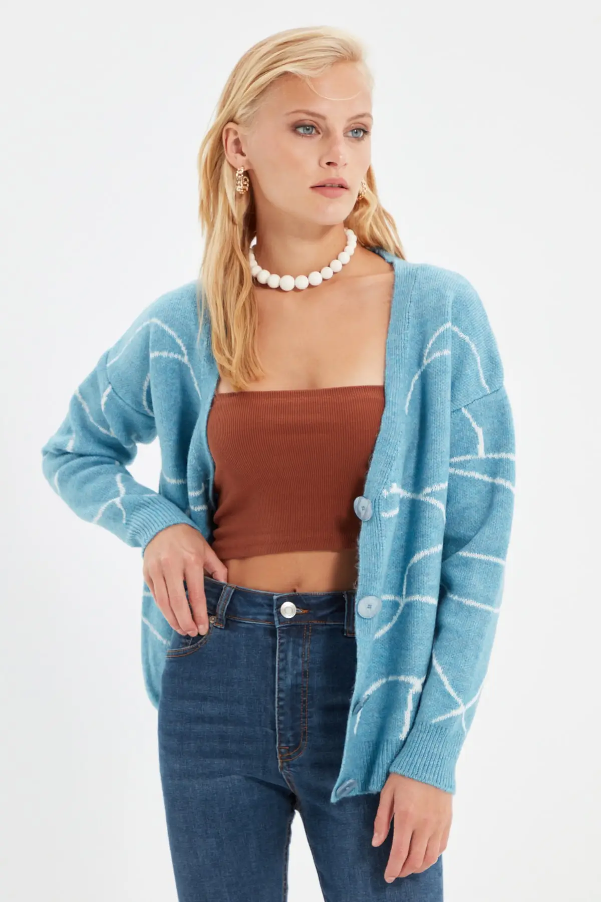 

Синий жаккардовый вязаный кардиган, рождественский подарок