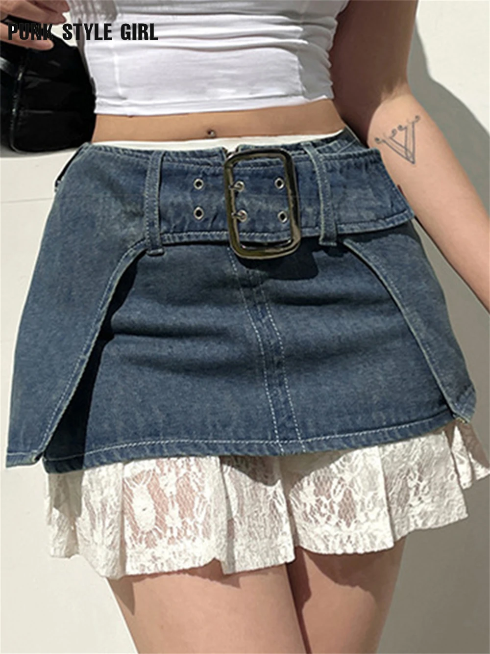 

A-Line Lace Edge Mini Denim Skirt Solid Blue Gothic High Waist Pleated Skirts Punk Style Vintage Party Sexy Ladies Short Jupe