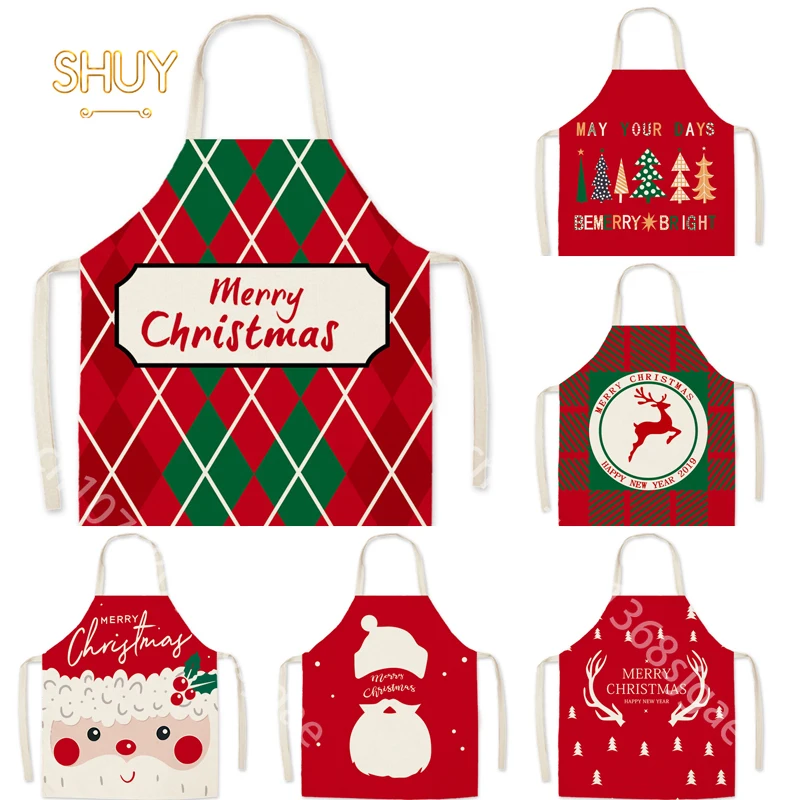 

Merry Christmas Apron Coffee Shop Kitchen Restaurant Chef Cooking Baking Parent-child Aprons Home Cleaning Adults Kids Linen Bib