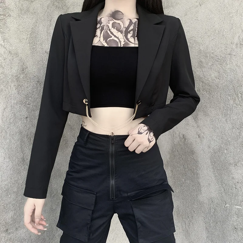 Punk Style Women Blazers Casual Metal Chain Black Suit Vintage Autumn Long Sleeve Blazer Korean Fashion Streetwear Cropped Tops