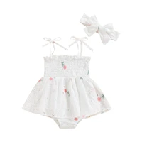 infant kids baby girls clothing summer cotton sleeveless jumpsuit floral embroidery print ruched bodysuit bow headband