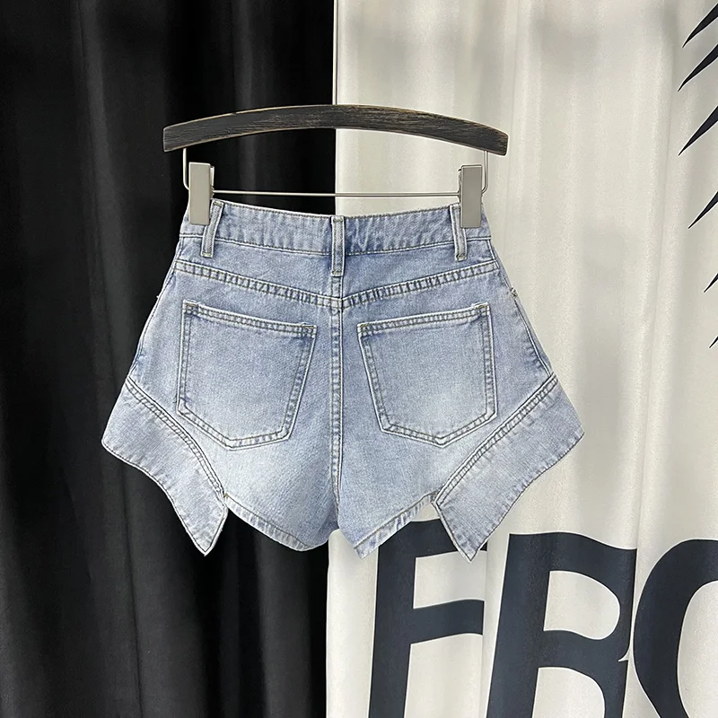 European Style 2023 Summer New High Waist Irregular Casual Denim Shorts Women's Slimming All-Matching Wide Leg A-line Booty Pant