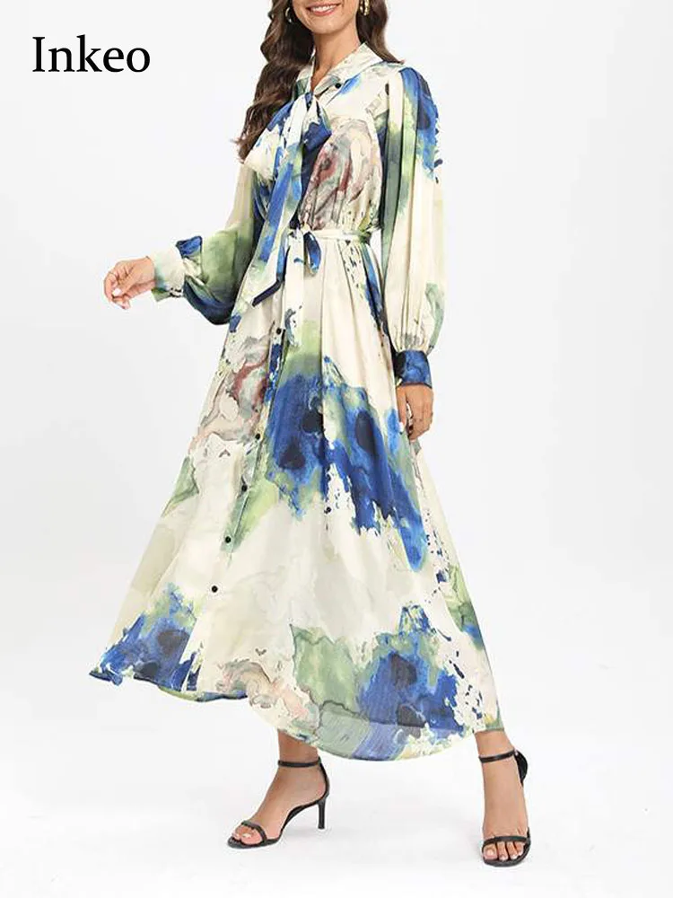 Женское длинное платье-рубашка с принтом элегантное винтажное платье миди на