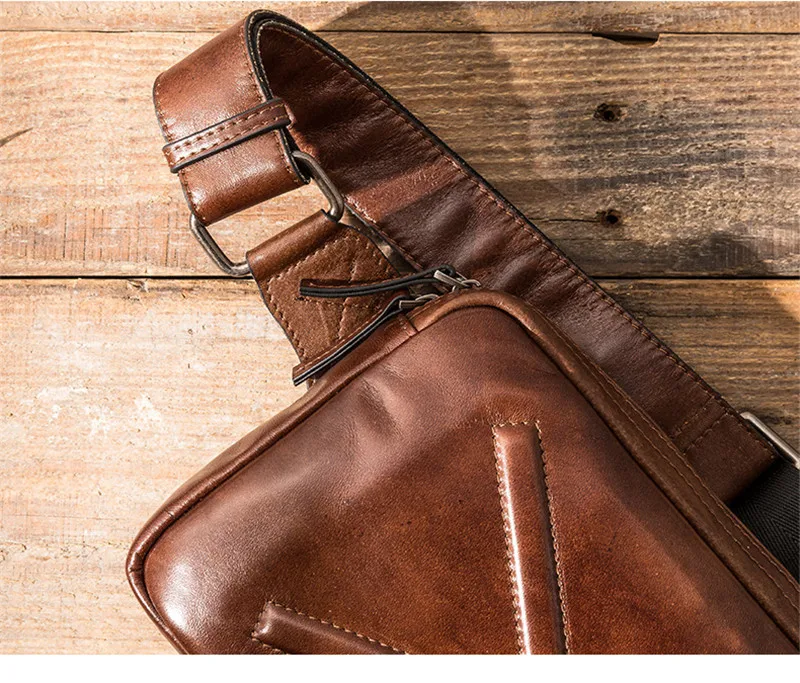 Vintage fashion luxury handmade designer first layer cowhide men's chest bag daily outdoor sports genuien leather messenger bag