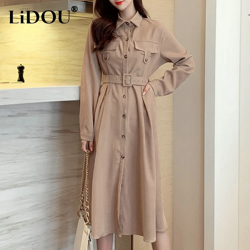 

Autumn Winter Elegant Fashion Casual Solid Midi Dress Women Single Breasted Belt Long Sleeve Loose Vestidos De Fiesta Chic Dress