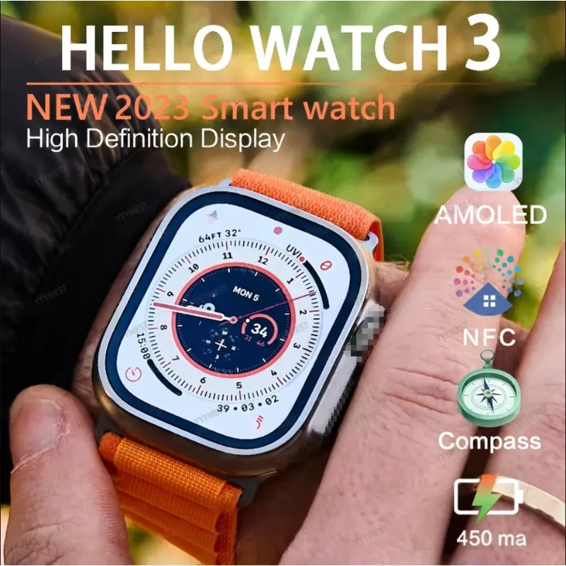 

Original Hello Watch 3 Smart Watch 4GB ROM Series 8 Ultra 49mm NFC Compass Heart Rate Monitor IWO Men Women Amoled Smartwatch