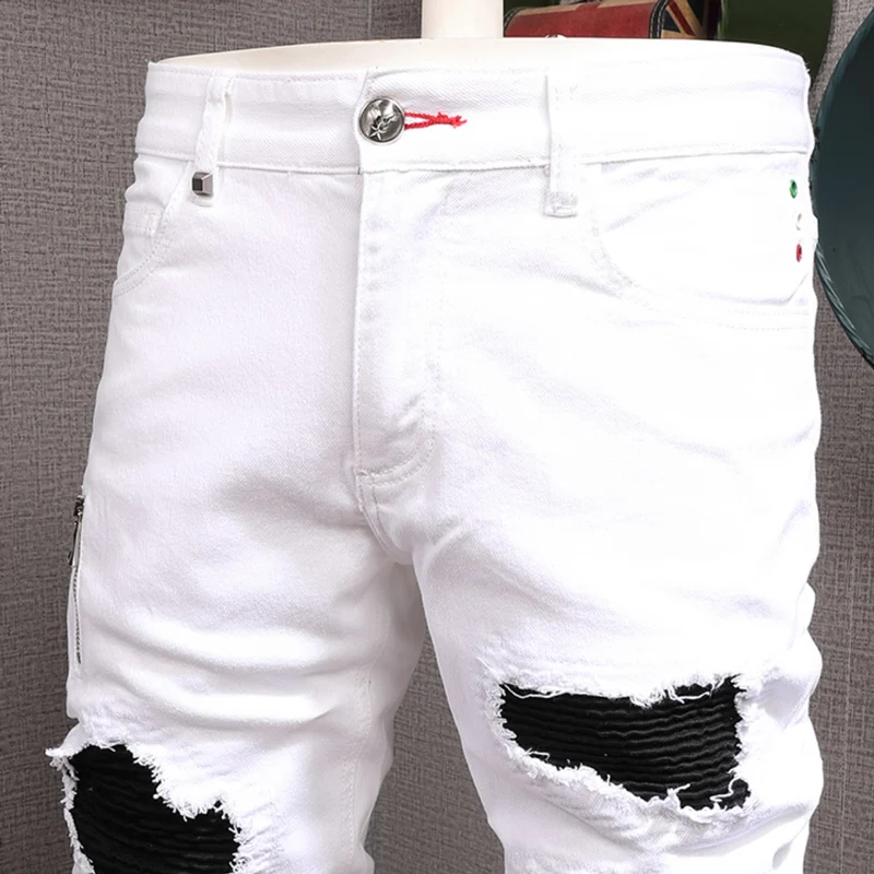 Street Fashion Men Jeans White Elastic Stretch Skinny Ripped Jeans Men Zipper Designer Black Patched Hip Hop Brand Pants Hombre