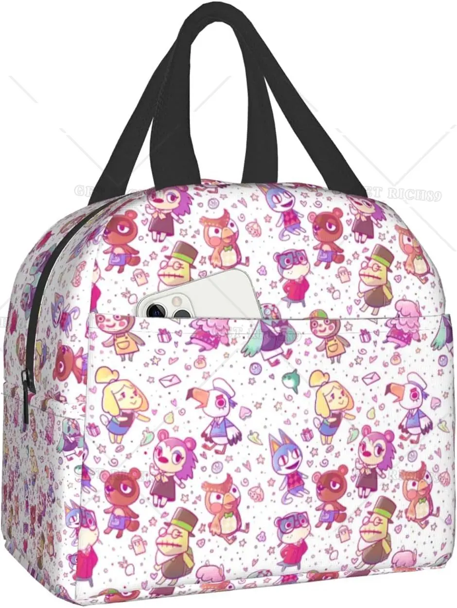 

Многоразовая Изолированная розовая и белая сумка для ланча с животными, сумка-холодильник, сумка-тоут с передним карманом для женщин и мужчин, уличный