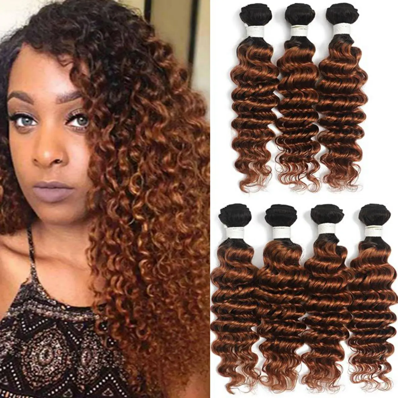 

Пряди из человеческих волос с глубокой волной SOKU T1B/27 30, пряди из коричневых светлых бразильских волос с эффектом омбре, двухцветные волосы д...