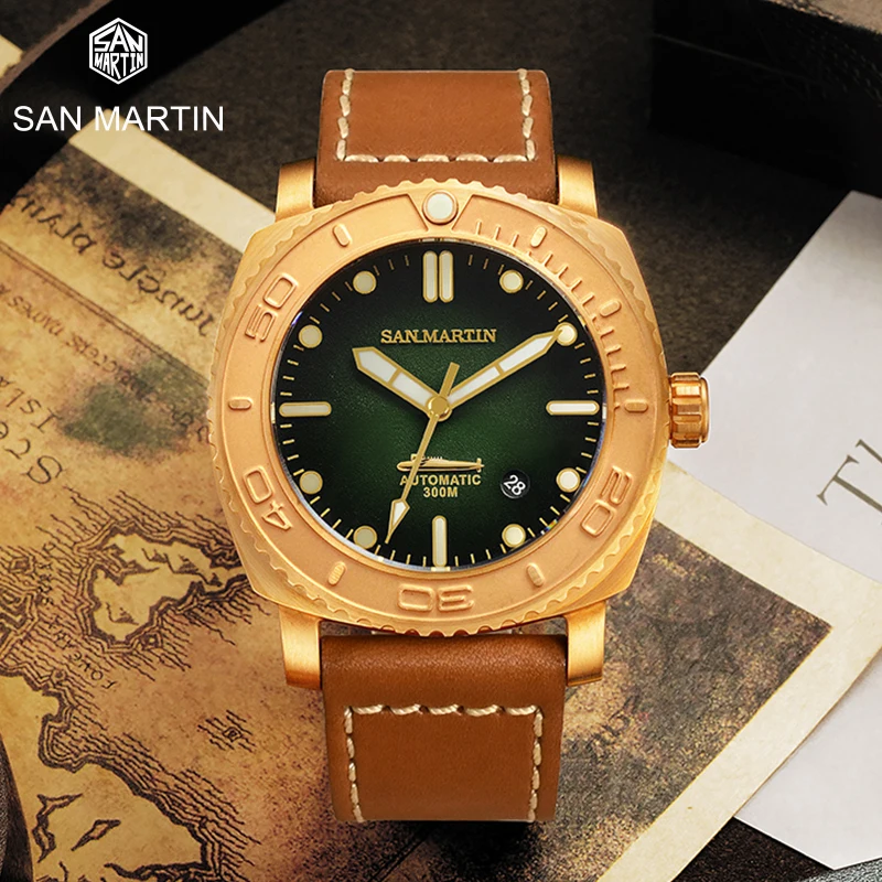 

San Martin Mens Dive Watches Men Automatic Watch CuSn8 Bronze Mechanical Wristwatch Waterproof BGW-9 Luminous Chronograph Bezel