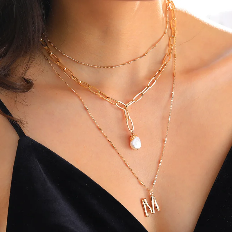 

Wholesale INS-Style Multi-Layer Necklace Women's Fashion Small Letter Pendant Bohemia Natural Pearl Accessories