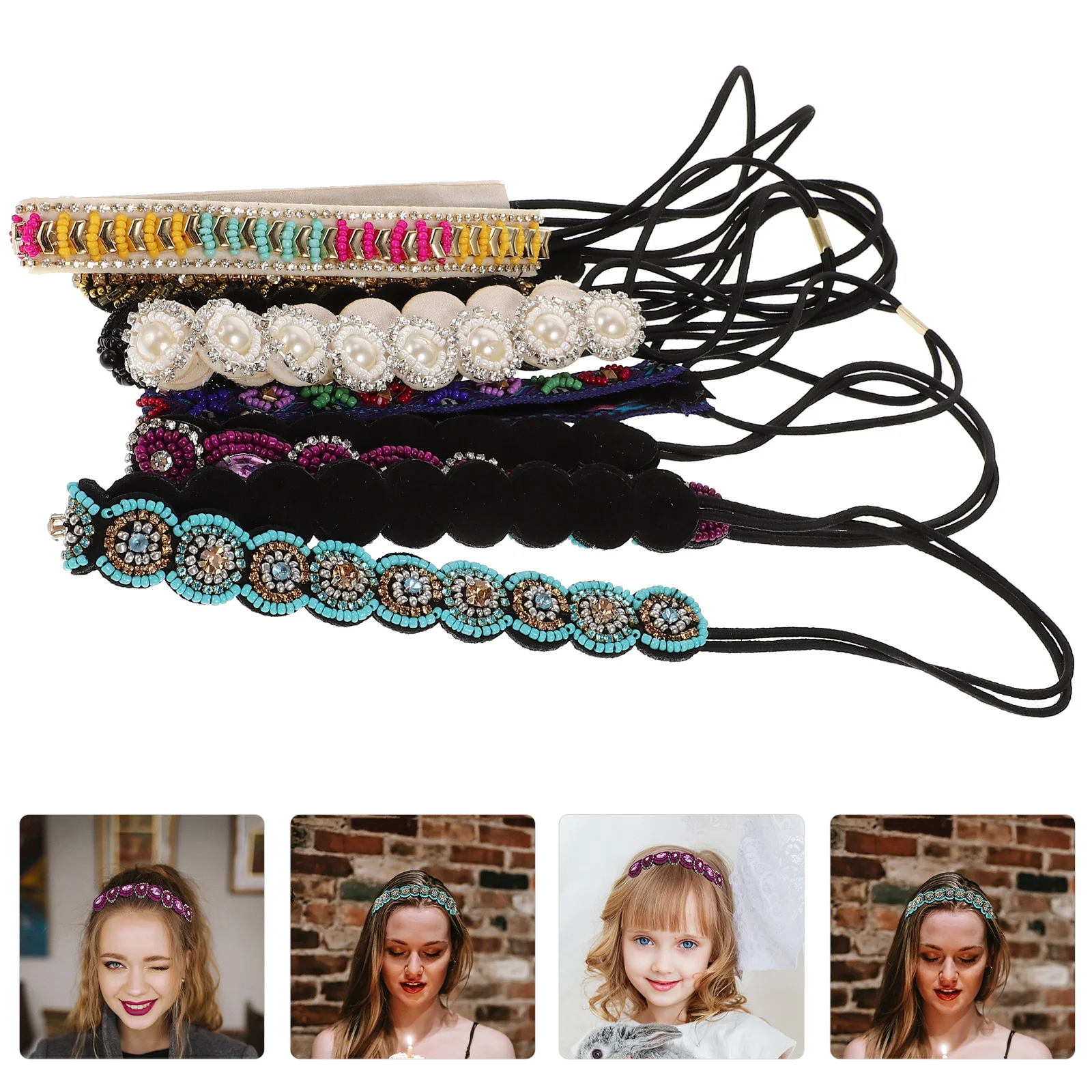 

7pcs Sweet Beaded Hairband Delicate Hair Accessories Elastic Headband for Women Decoration(1pc in 7 Different Pattern, Assorted