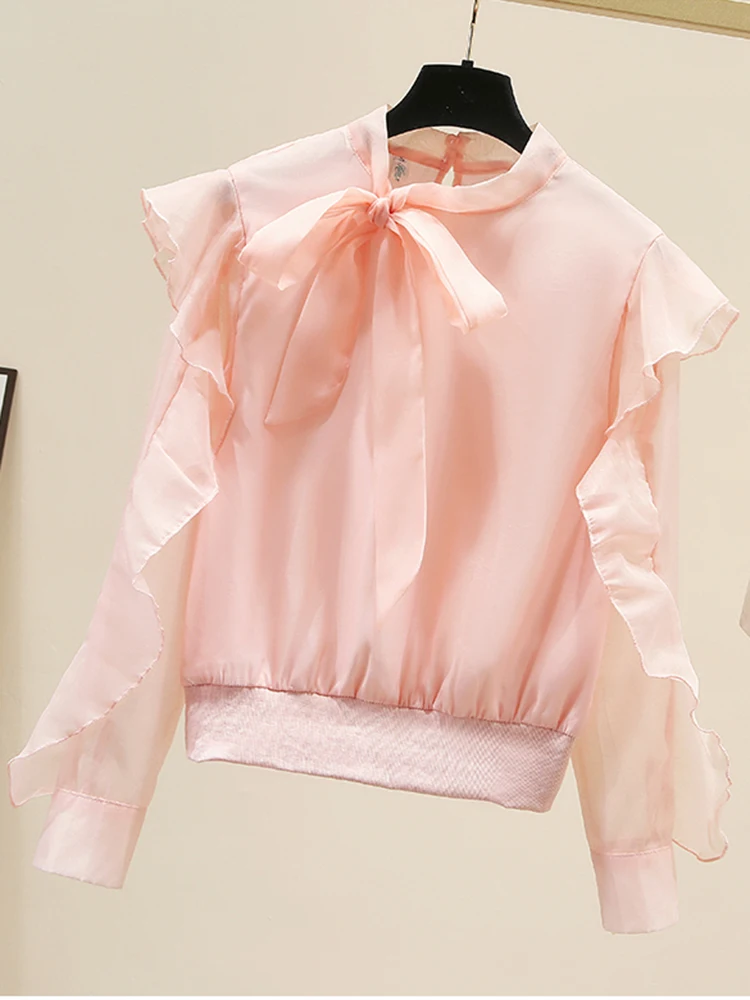 

Женская блузка на весну, новинка 2023, темпераментная Милая шифоновая блузка со шнуровкой и оборками, тонкая французская нежная стильная блуз...