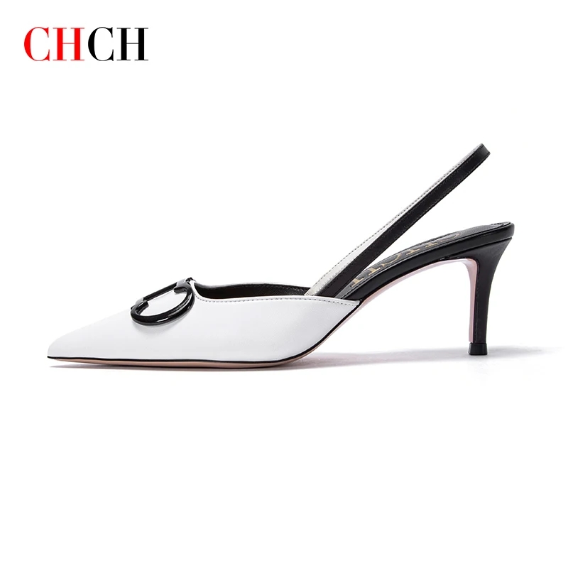 CHCH 2023 New Luxury Spring/Summer Fashion Slim Heel Black Ankle Leather Sandals Elegant Women's Wedding Banquet High Heels