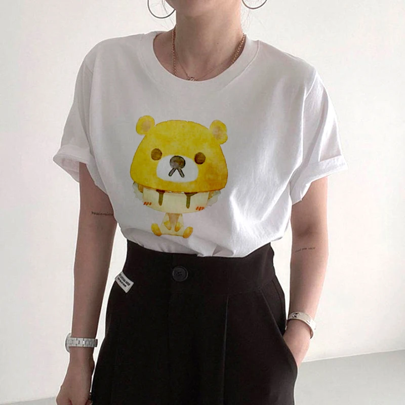 

Женские топы, привлекательная белая футболка с круглым вырезом, забавная Летняя женская мягкая футболка с рисунком медведя и гриба, мультяшный Акварельный узор с коротким рукавом