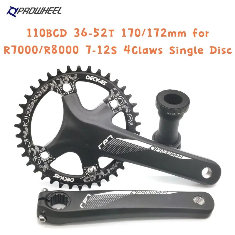 Полый цельный коленчатый механизм PROWHEEL 110BCD для шоссейного велосипеда, 36-52T 170/172 мм для R7000/R8000 7-12S, 4 когтя, один диск Полый цельный коленчатый механизм PROWHEEL 110BCD для шоссейного велосипеда, 36-52T 170/172 мм для R7000/R8000 7-12S, 4 когтя, один диск