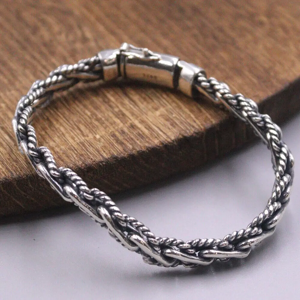 

7.87inch Real 925 Sterling Silver Weave-Shape Link Chain Bracelet Men 9mm Width