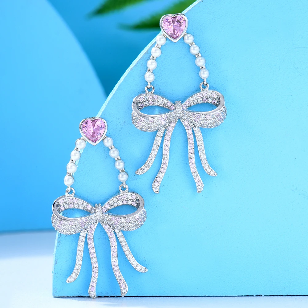 

Missvikki Pink Bowknot DIY Cute Pendant Earrings For Women Bridal Wedding Girl Daily Surper Romantic Jewelry High Quality