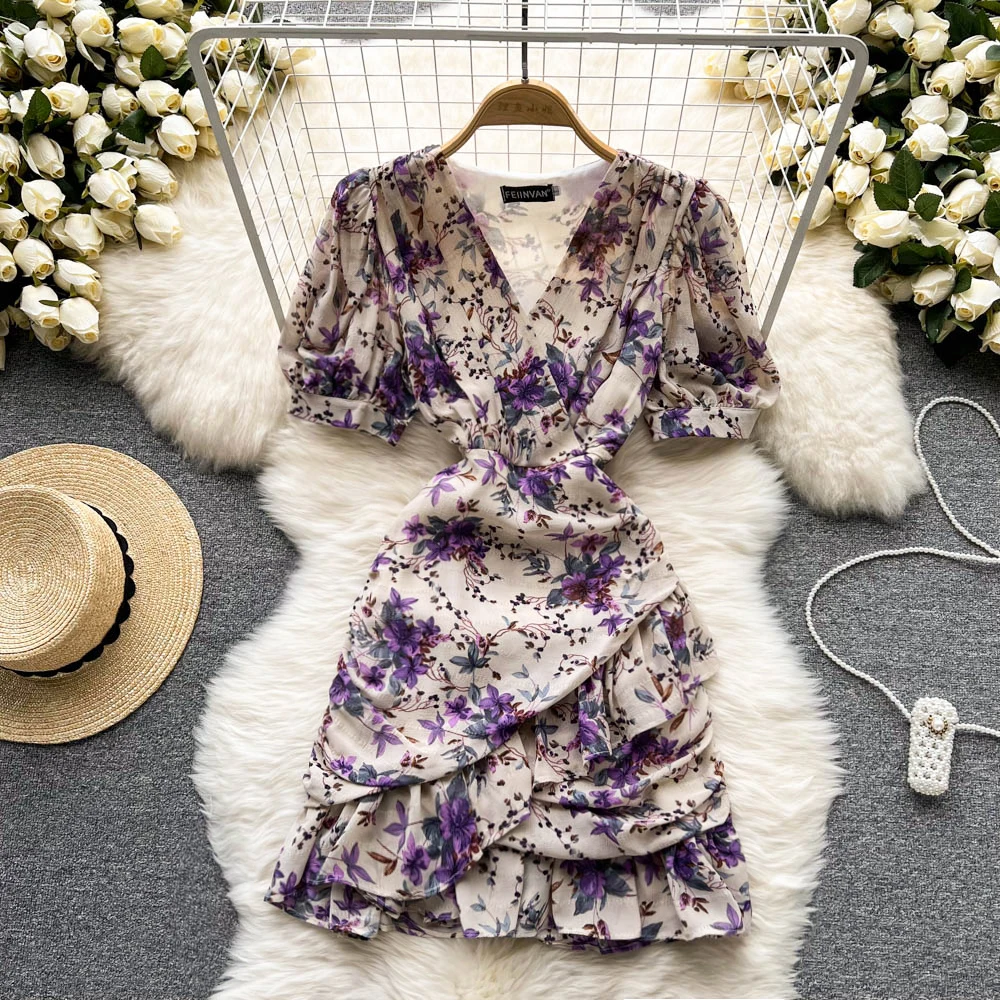 Puff Sleeves V-neck Floral Dress French Light Familiar Style Slim Fit and Thin Printed All-match A-line Dress