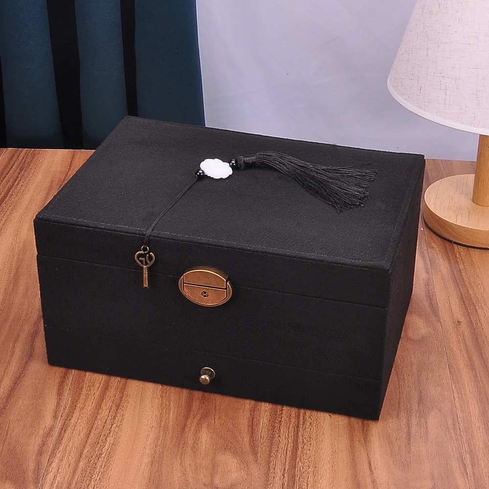 Women Jewelry Box Storage Velvet Big Rings Earrings Makeup Case Necklace Holder Organizer Lock Key Bangle Watch Jewel Display