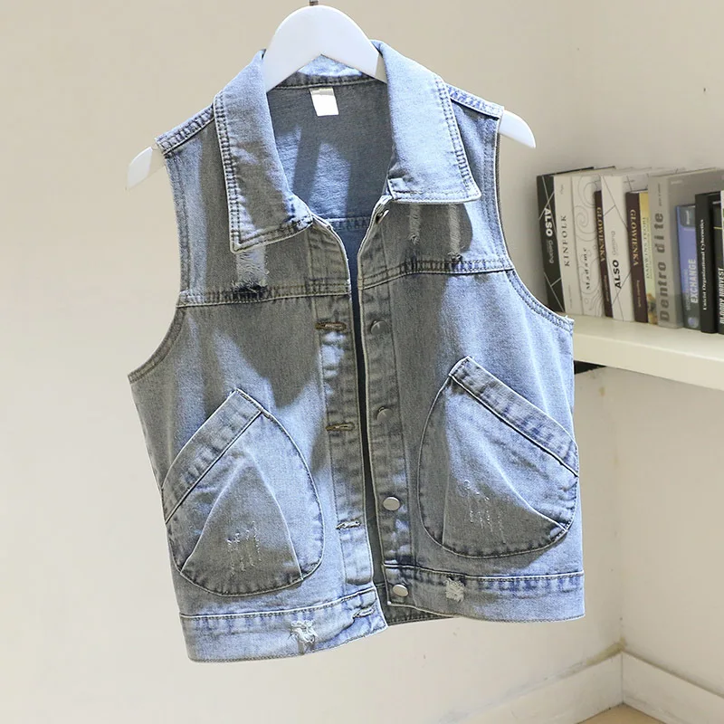 

Весенний корейский потертый джинсовый жилет с большими карманами, женский жилет, свободная короткая куртка без рукавов, джинсовый жилет с в...