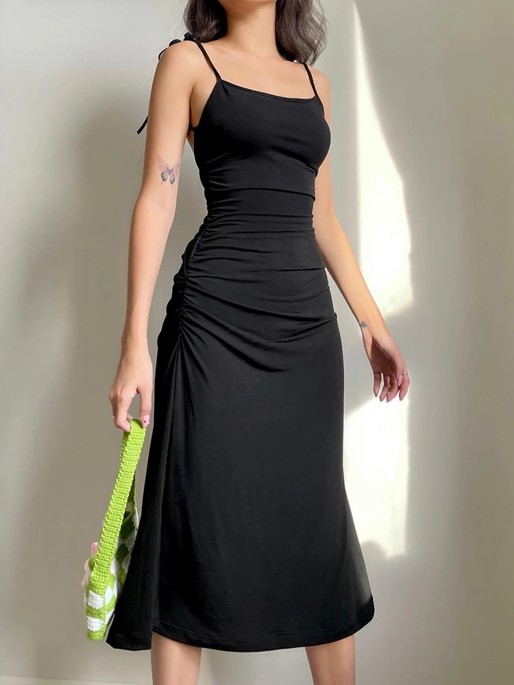 

Fashion Strappy Ruched Sexy Black Dress Irregular Elegant Backless Long Dress Party Summer Dresses Women 2022 Clothes