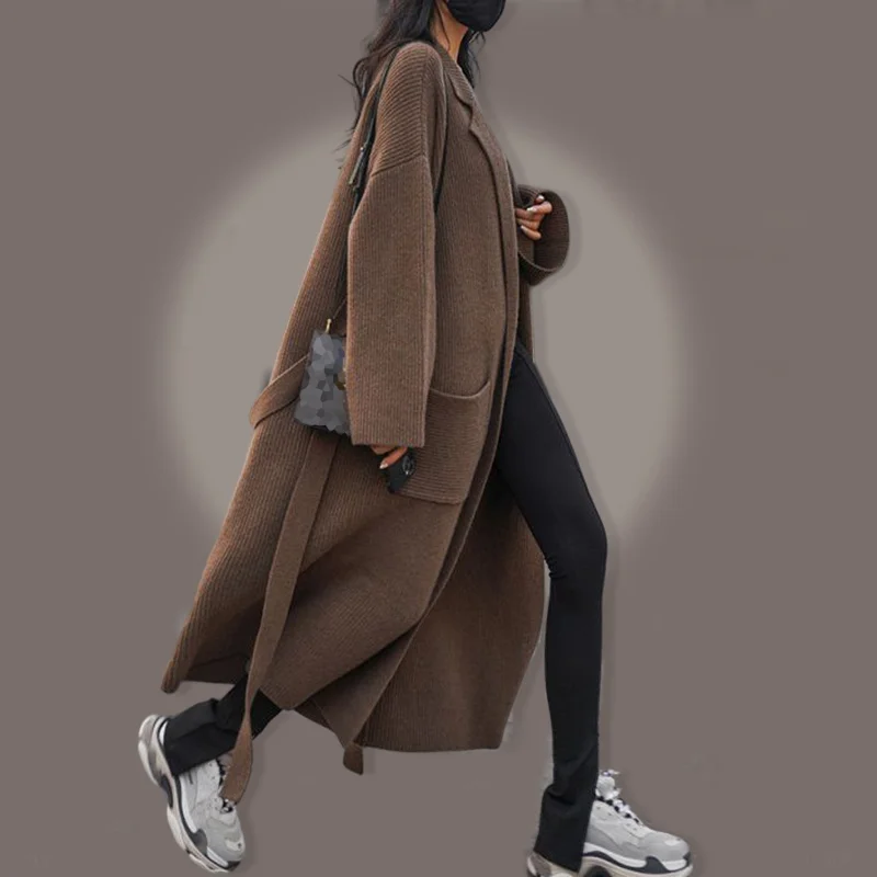 

Женский вязаный свитер с поясом, однотонный коричневый мягкий джемпер с отложным воротником, осень 2022