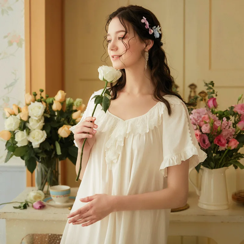 

Spring Summer Women Princess Cotton Dress Short Sleeve Lady Nightwear Sleepwear Female Comfortable Loose Casual Nightwear