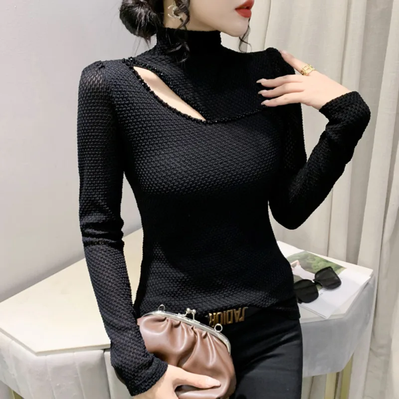 

Черная, красная, коричневая водолазка, Женская ажурная Футболка со стразами, Офисная привлекательная тянущаяся женская футболка с длинным рукавом, весна-осень