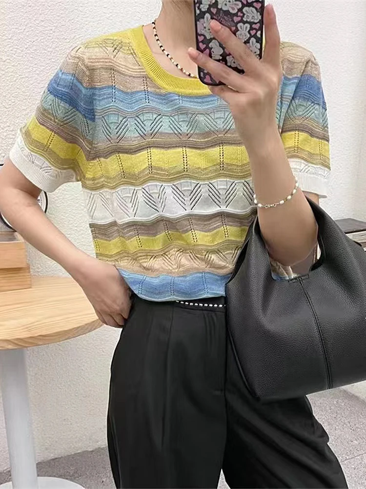 

BETHQUENOY Round Neck Casual Fitted Tshirts Colorful Striped Knit Top Femme Poleras Mujer Camisetas Short Sleeve T Shirt Woman