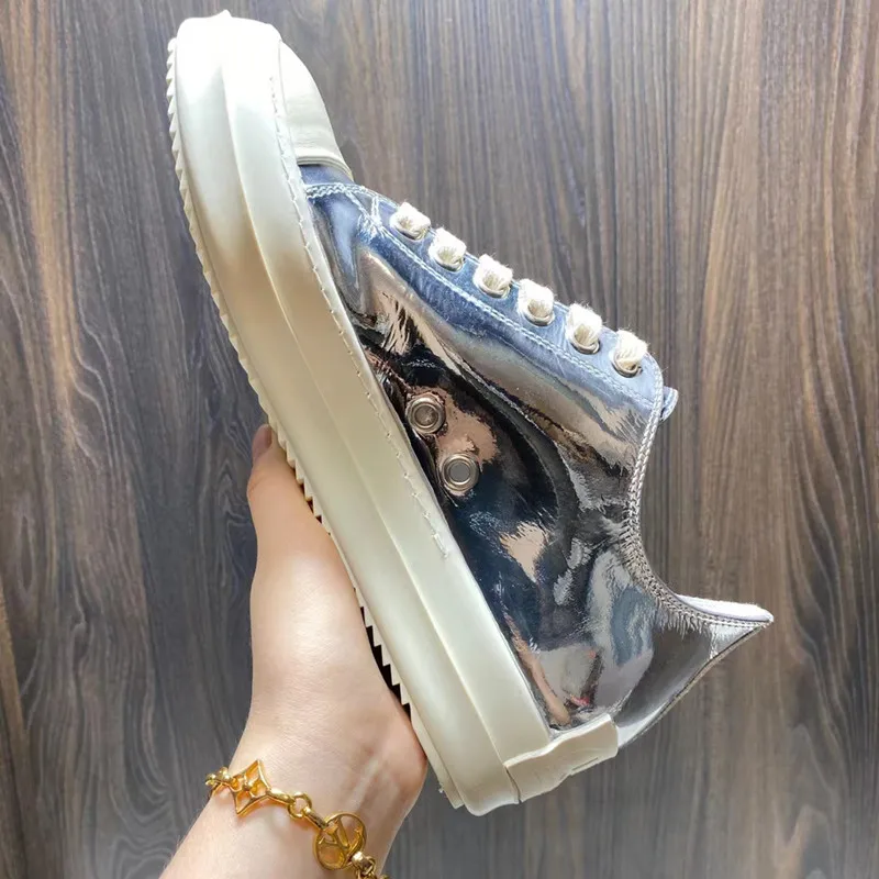 

Men's and women's low top leather thick sole liquid silver electroplating silver mirror bright face lovers high street shoes