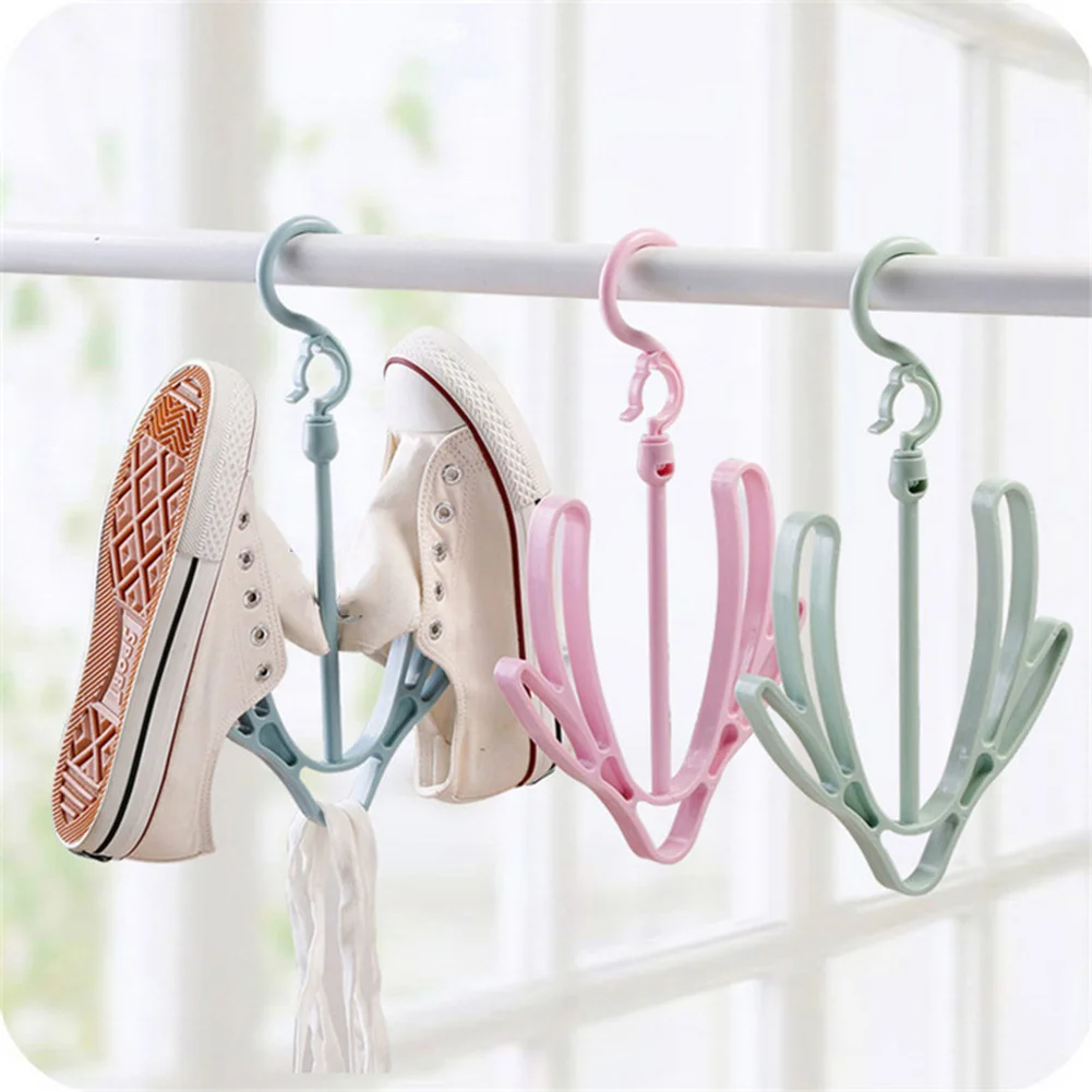 

1pc Multifunctional Shoes Hanger Double Hooks Windproof Rotatable Balcony Scarf Necktie Shoes Hanging For Home Storage Organizer