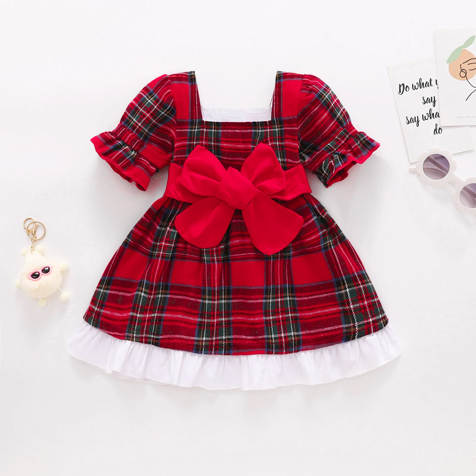 

2021-10-09 Lioraitiin 0-3Years Toddler Baby Girls Casual Dress Square Neck Puff Sleeve Lace Decor Bowknot Plaid Dresses