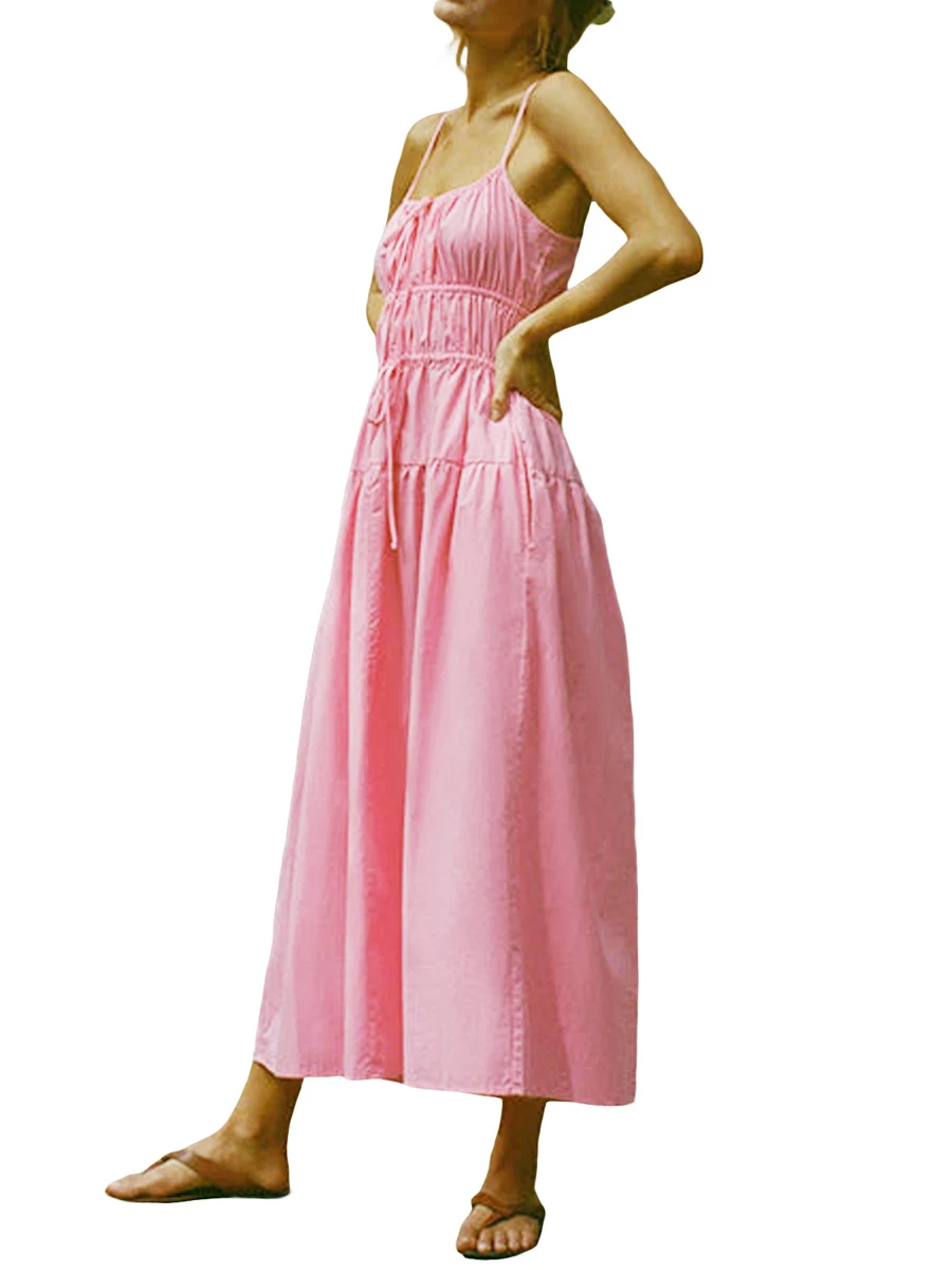 

Женское повседневное длинное платье без рукавов, однотонное плиссированное платье-трапеция с рюшами и карманами, Лето s