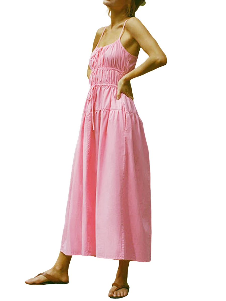 

Women s Summer Casual Long Dress Solid Color Sleeveless Ruched Dress Pleated A-line Dress with Pockets