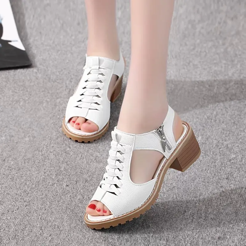 

Women's Peep Toe Chunky Heeled Sandals Summer Hollow Out Design Sandals for Women Outdoor Solid Color Side Zipper Female Shoes