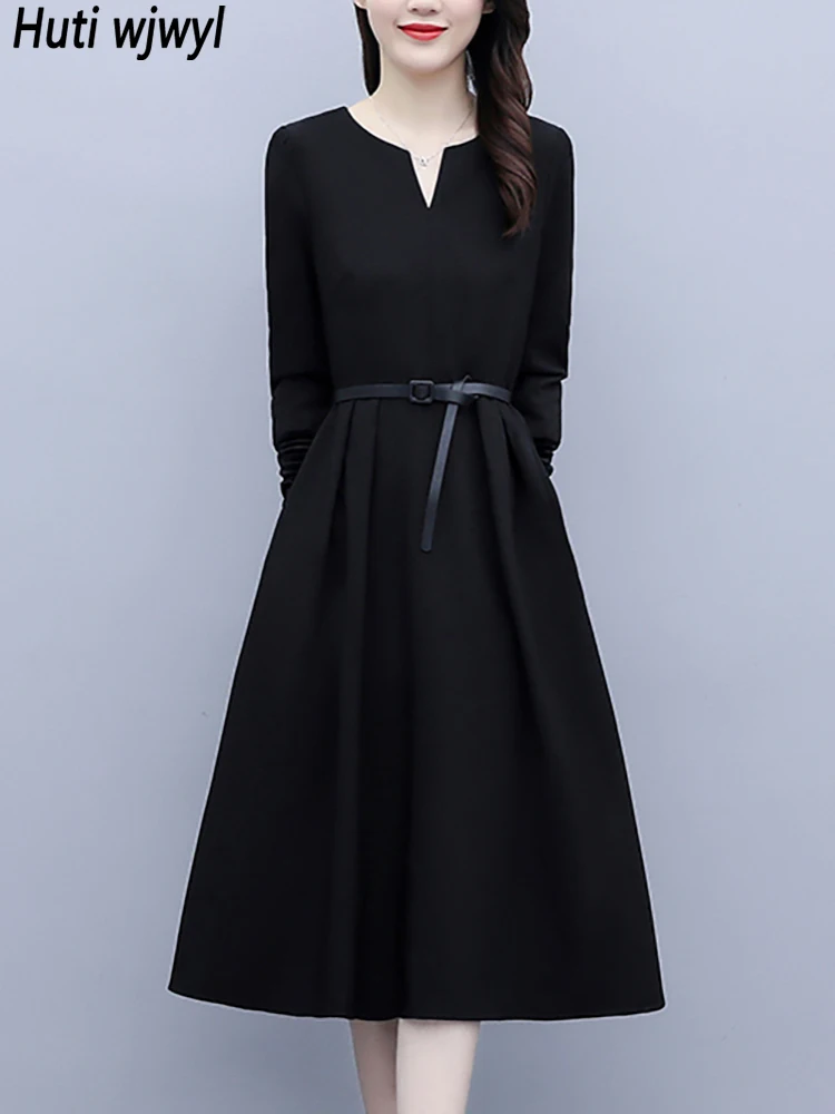 Black Long Sleeve V-Neck Midi Dress Autumn Winter Korean Women Vintage Hepburn Party Vestidos 2023 Elegant Bodycon Night Dresses