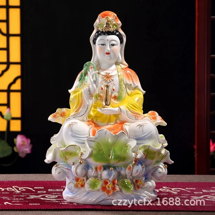 18 Inch Jade Porcelain Full Color Sitting Lotus Leaf Guanyin Bodhisattva Buddha Statue Ornament