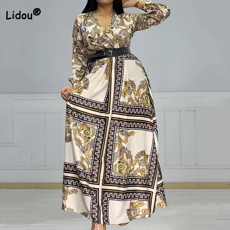 

Streetwear Vintage Floral Printing V-Neck Sashes Large Hem Skirt Autumn Casual Plus Size Clothes Long Sleeve Maxi Dress Femme