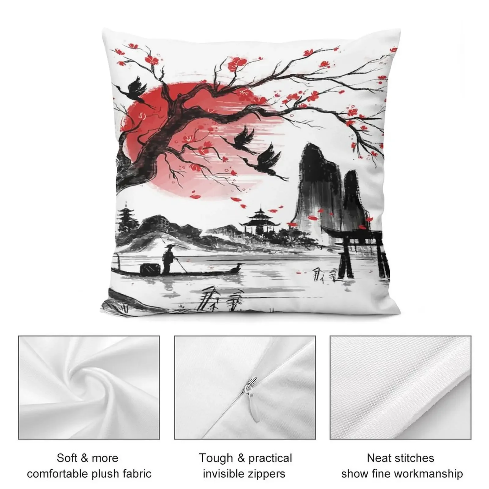 Японское дерево красная луна с птицами летающая в фоне декоративная подушка