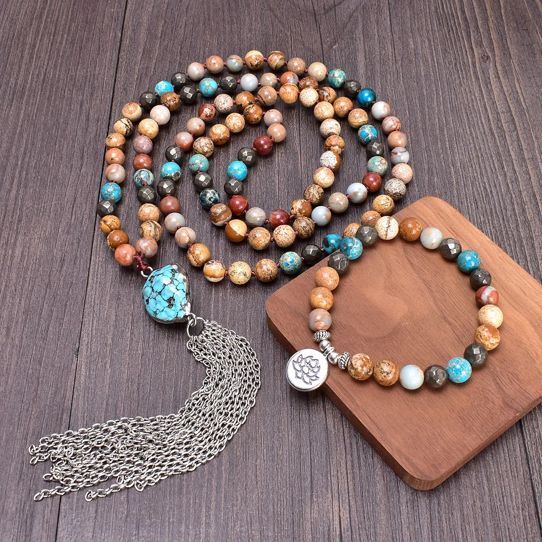 Натуральный камень оникс Пирит металлическое ожерелье с кисточками 108 набор