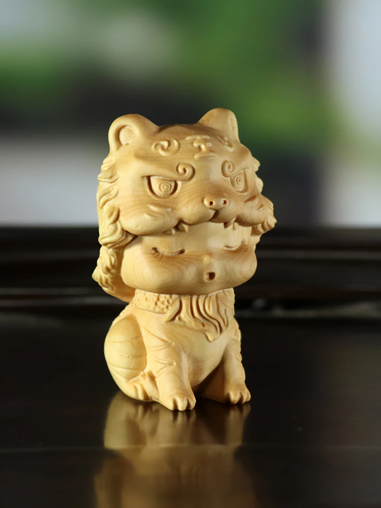 

Year of The Tiger Auspicious Cute Tiger Girl Boxwood Carving Zodiac Solid Wood Home Decorations Car Ornaments