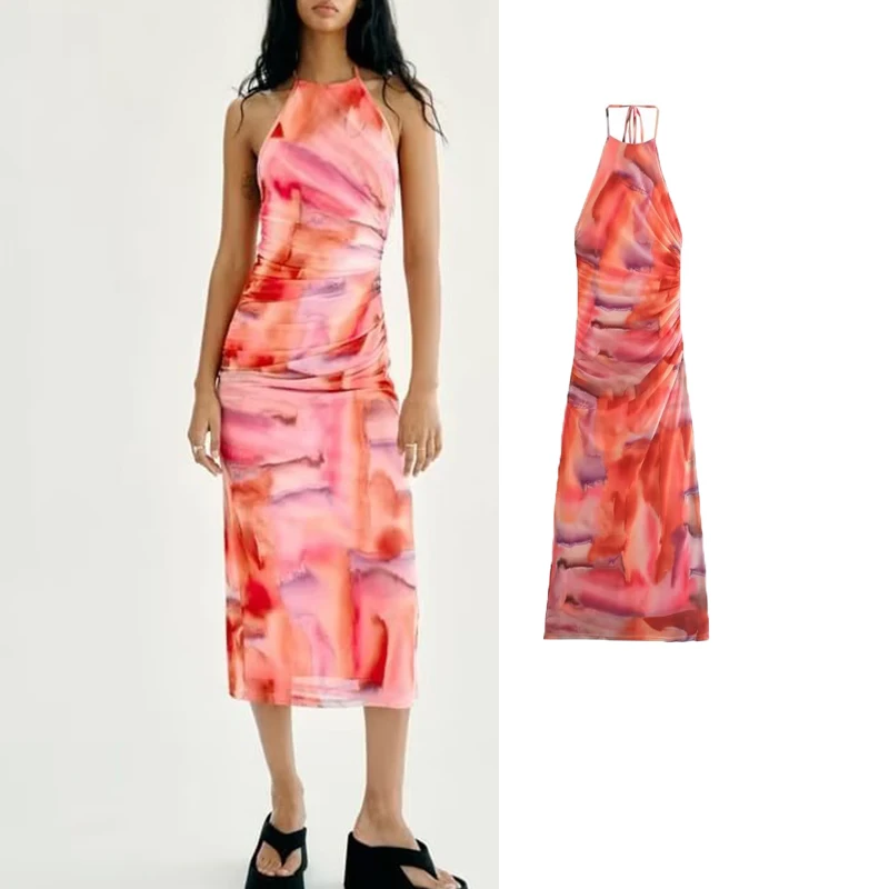 

TRAF Mesh Long Dress Women Summer 2023 Sexy Halter Neck Backless Dress Female Sleeveless Midi Dress Elegant Party Dresses Woman