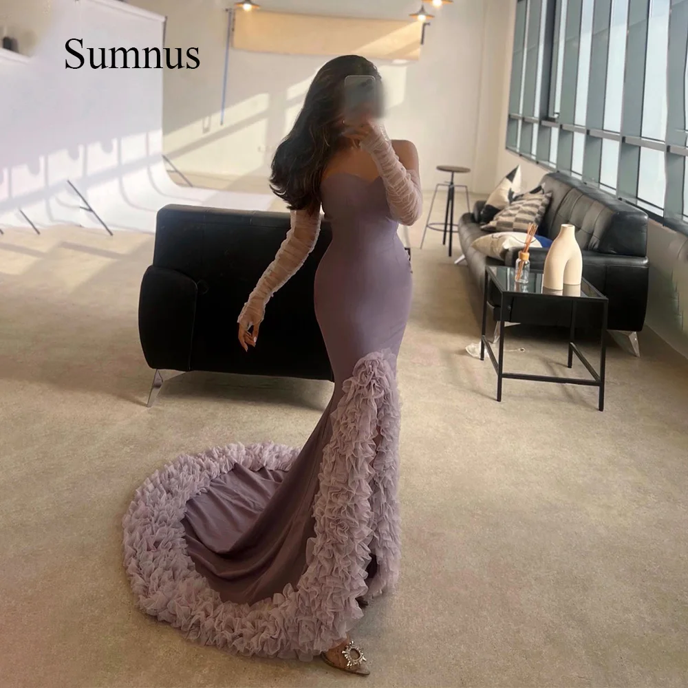 

Sumnus Lavender Mermaid Evening Dresses Spandex Satin Front Slit Sweetheart Prom Party Dress 2023 Pleats Ruffles Sweep Train