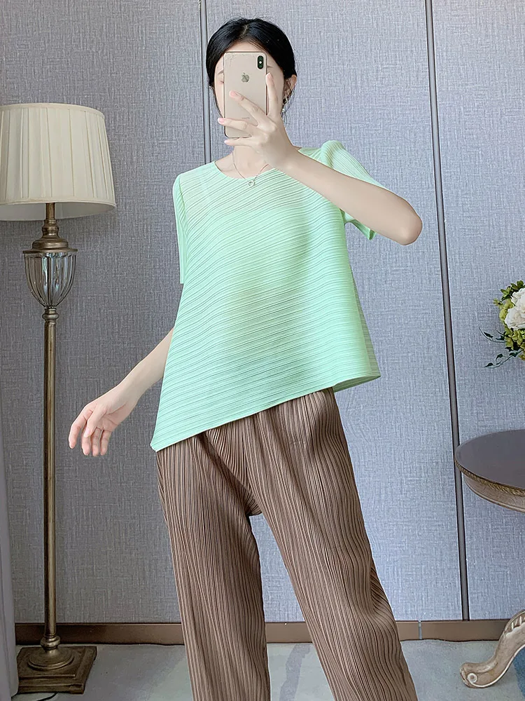 

Женский универсальный топ миаке, удобный Свободный Повседневный Простой Топ с круглым вырезом и складками для лета